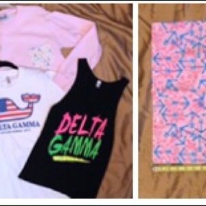 Three Delta Gamma Shirts S PLUS One 16” Square of Lilly Pulitzer’s DG Fabric